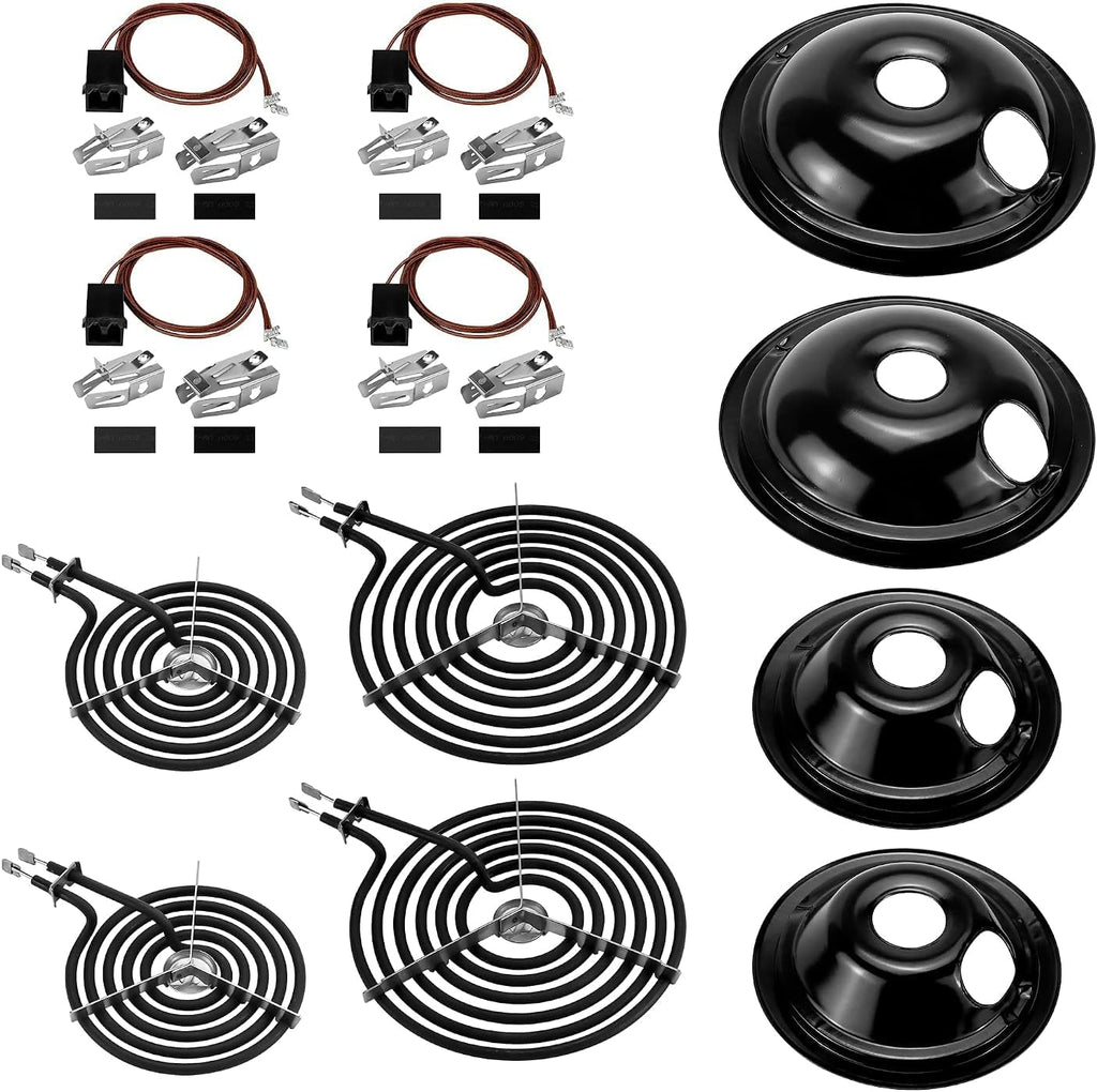 WB30M1 WB30M2 Electric Stove Burners & WB17T10006 Terminal Block Kit & WB31M19 WB31M20 Black Porcelain Burner Drip Pans Set Fit for G-E Ken-More Hot-Point Electric Range Burner Set by Fetechmate