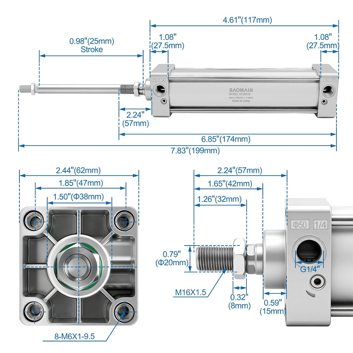 BAOMAIN Pneumatic Air Cylinder 2" Bore 1" Stroke SC50x25