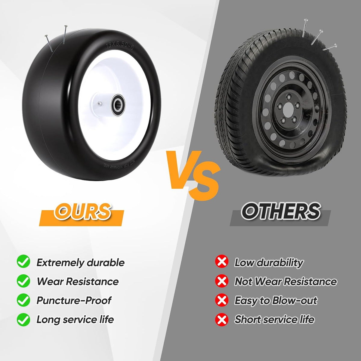 13x6.50-6 Flat Free Lawn Mower Tires and Wheels, 1/2" 3/4" 5/8" Ball Bearings, 13x6.5x6 Zero Turn Mower Front Tires