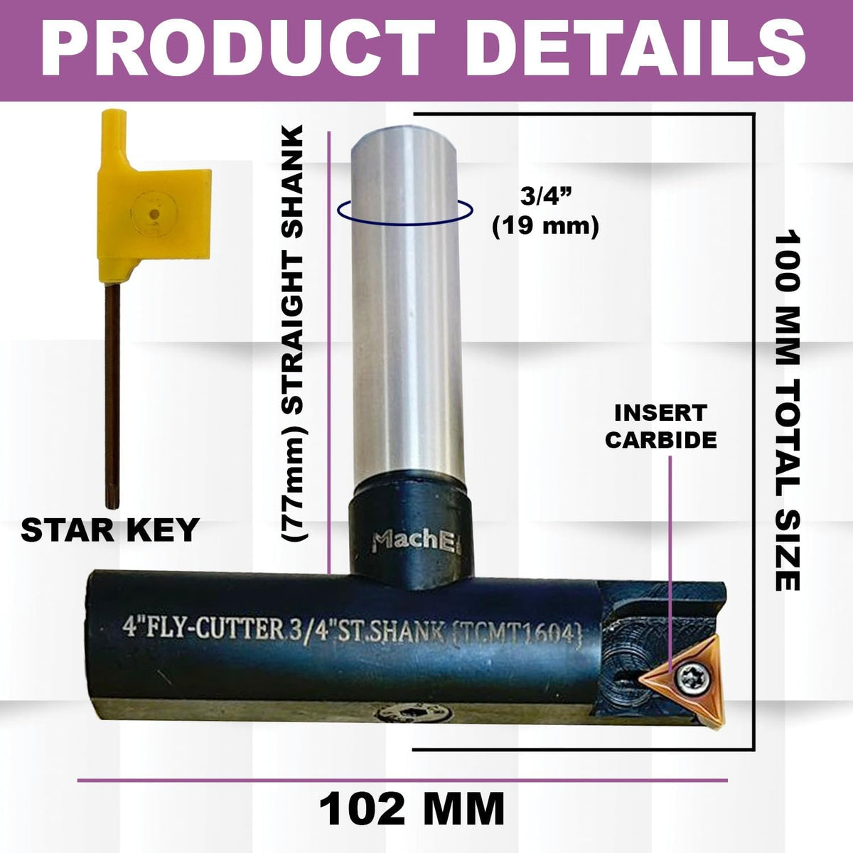 MachEl New Balanced Design 4″ Fly Cutter Indexable Type with 3/4″ Straight Shank Single Insert Face Milling Cutter TCMT1604 Insert Included Torx Screw & Star Key Included