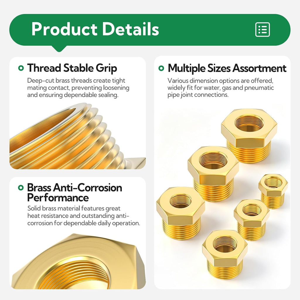 TAISHER 6PCS Brass Reducer Hex Bushing Threaded Pipe Fitting 3/4" NPT Male x 1/2" NPT Female Adapter