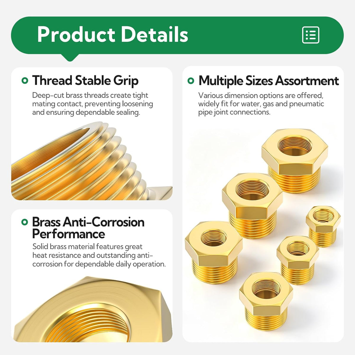 TAISHER 6PCS Brass Reducer Hex Bushing Threaded Pipe Fitting 3/4" NPT Male x 1/2" NPT Female Adapter
