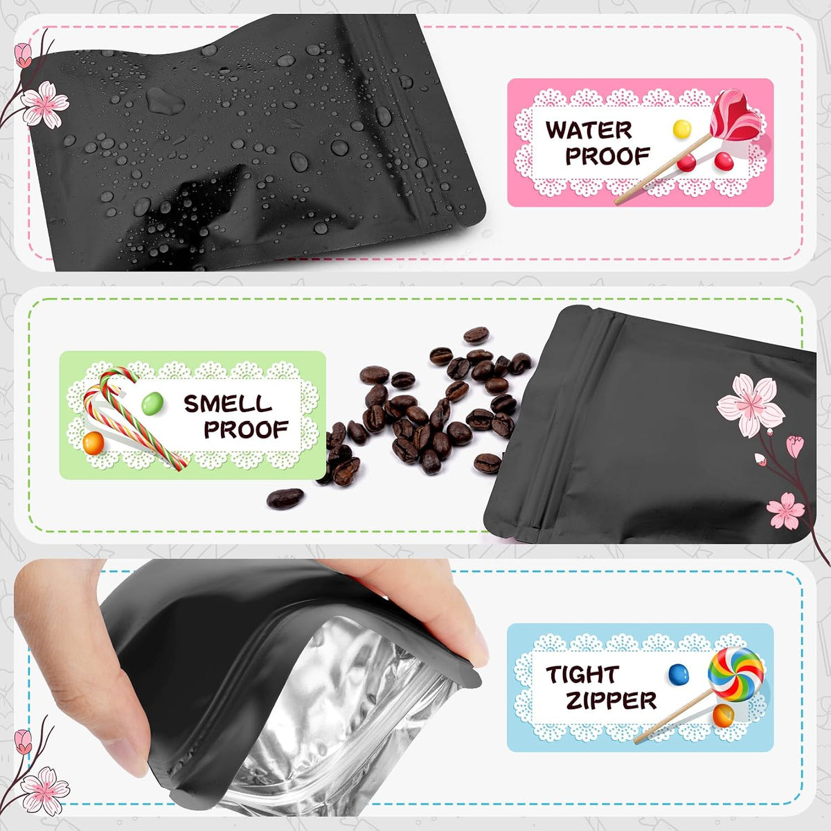 100 Pack Black Mylar Packaging Bags Odor Proof Resealable Bags