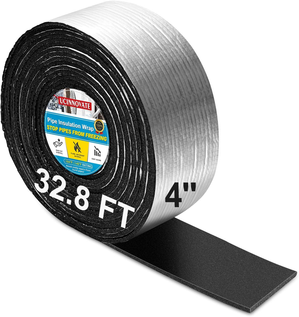 Extra Wide Pipe Insulation Wrap 4" x 32.8 Ft, Self Adhesive Foam and Foil Tape for Winter Freeze Protection, AC Line