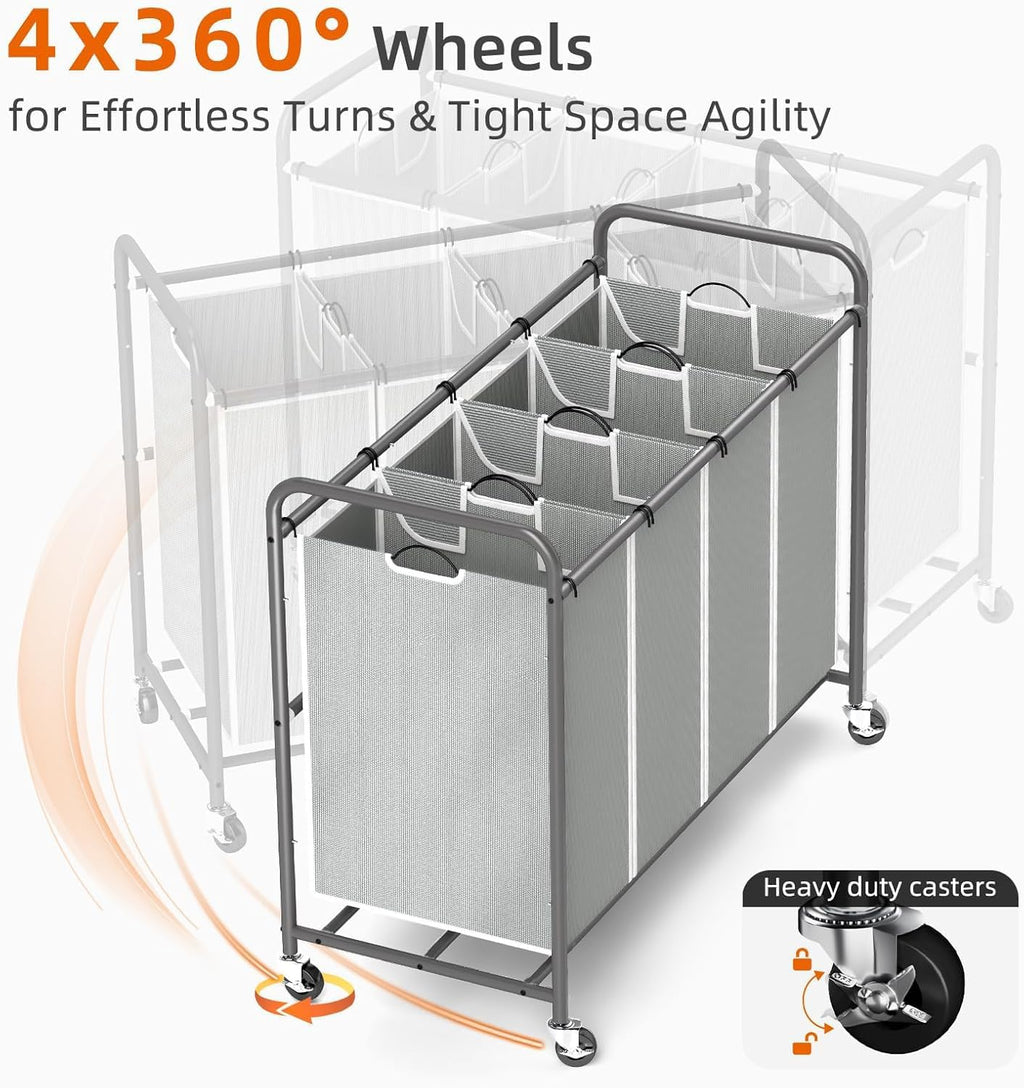 Laundry Hamper Sorter Cart, 4-Section Organizer with Lockable Wheels