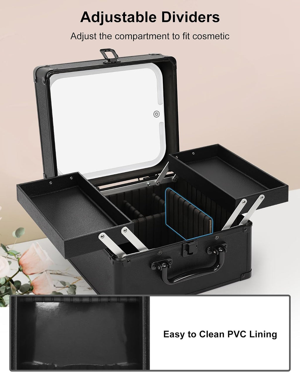 Makeup Bag with Mirror, Makeup Case Organizer with Brush Holder | Removable LED Mirror, Adjustable Dividers, Multiple