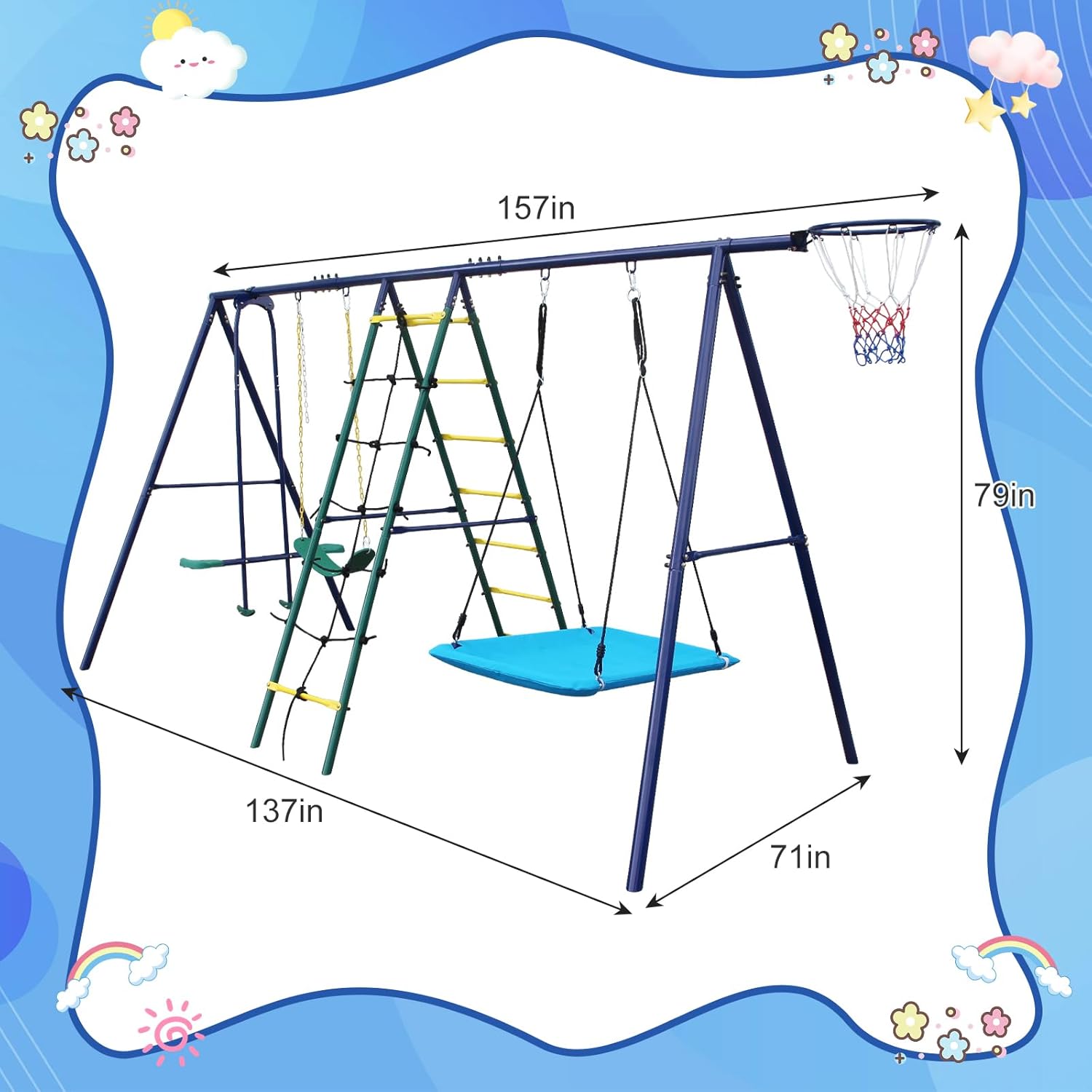 Garden Outdoor Backyard Multi-Functional Children's Swing Set, Heavy-Duty A-Frame, Gift for Kids