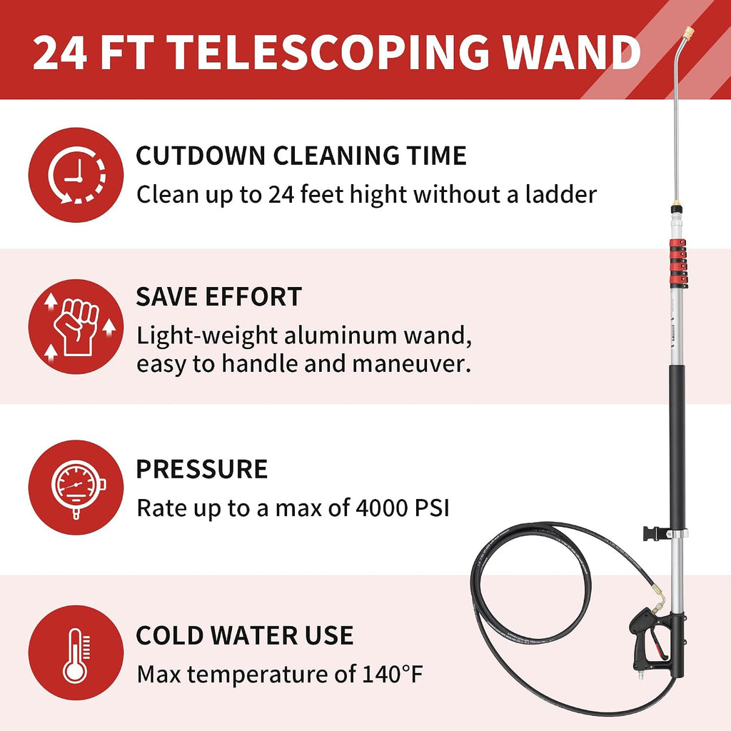 24 FT Gutter Cleaning Tools from The Ground - Telescoping Pressure Washer Wand - Gutter Cleaner Attachment with Power