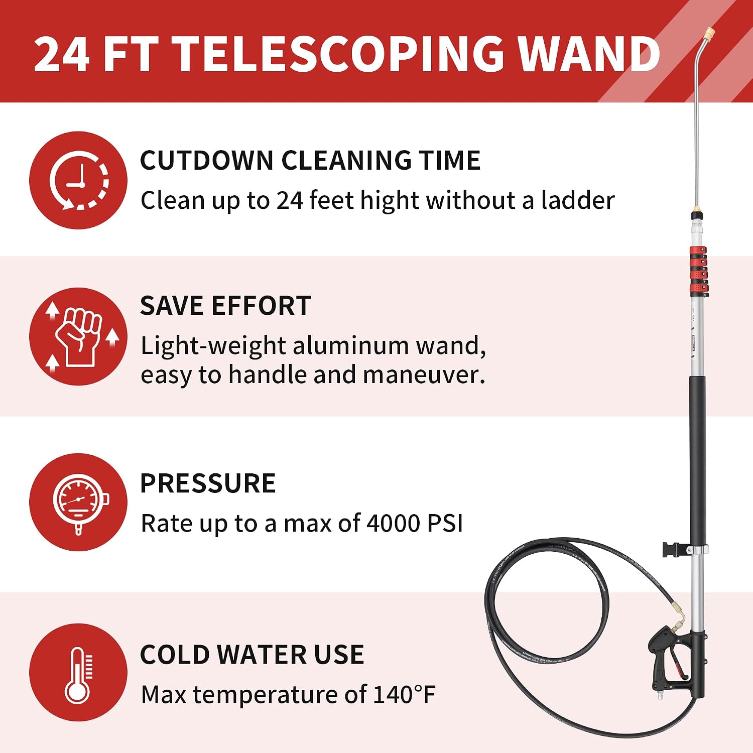 24 FT Gutter Cleaning Tools from The Ground - Telescoping Pressure Washer Wand - Gutter Cleaner Attachment with Power