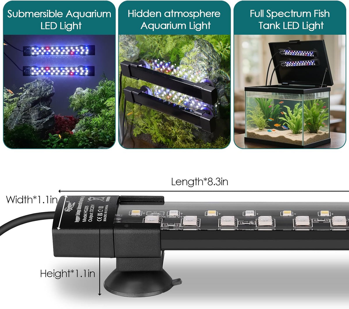 Dual-Channel Controller Submersible Aquarium LED Light, 24/7 Mode Full Spectrum Hidden Fish Tank Light with 3 Rows