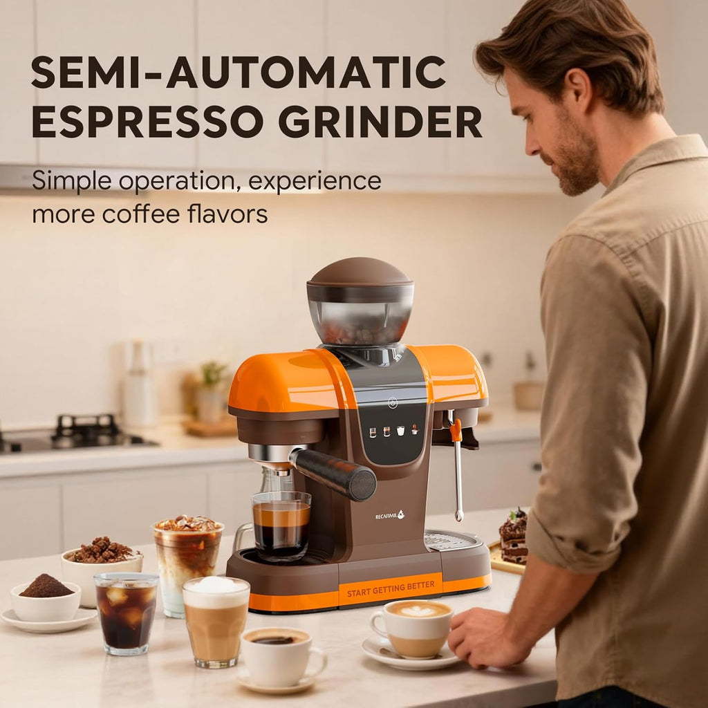 Semi-Automatic Espresso Machine with Grinder, 20 Bar Professional Coffee Maker with Milk Frother, Latte & Cappuccino