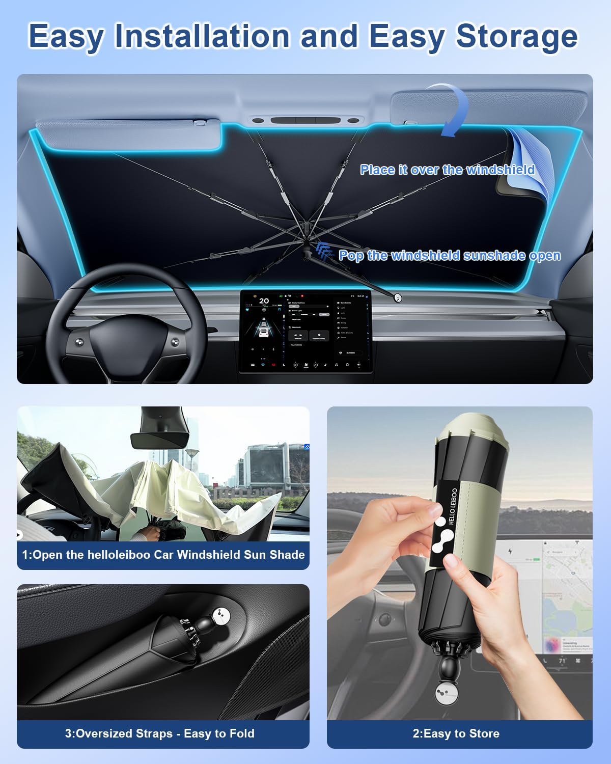 Car Windshield Sun Shade Umbrella 57" x 32", Windshield Sun Shade Foldable with 5-Layer Thickened Vinyl Coating