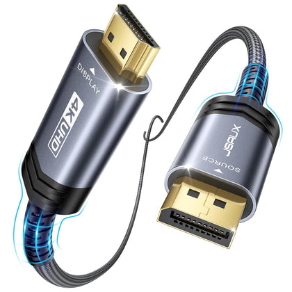 DisplayPort to HDMI Cable 10FT, Uni Directional, DP Source to HDMI Display, UHD 1440P/2K@60Hz, 4K@30Hz, Nylon Cord
