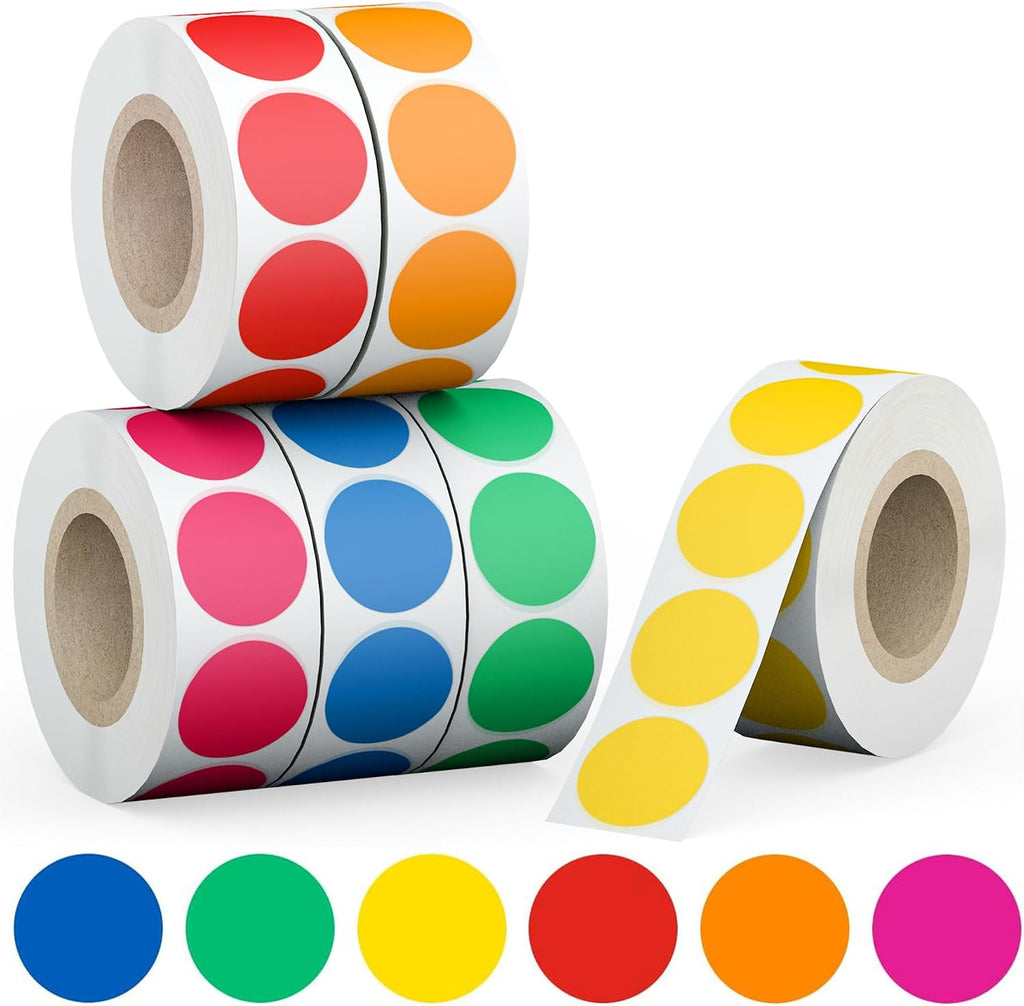 3/4" Round Color Coding Circle Dot Labels 3000 PCS Includes Bright Yellow Green Red Pink Orange Blue(6 Rolls,500