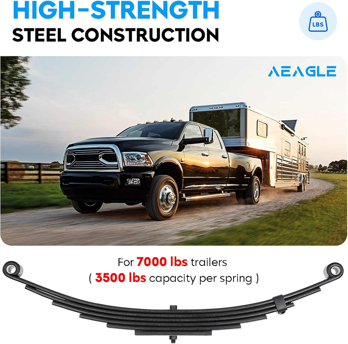 Trailer Spring 6 Leaf Double Eye for 7000 lbs Trailer Axle Springs, 25-1/4” Length, 3500 lbs Weight Capacity Per