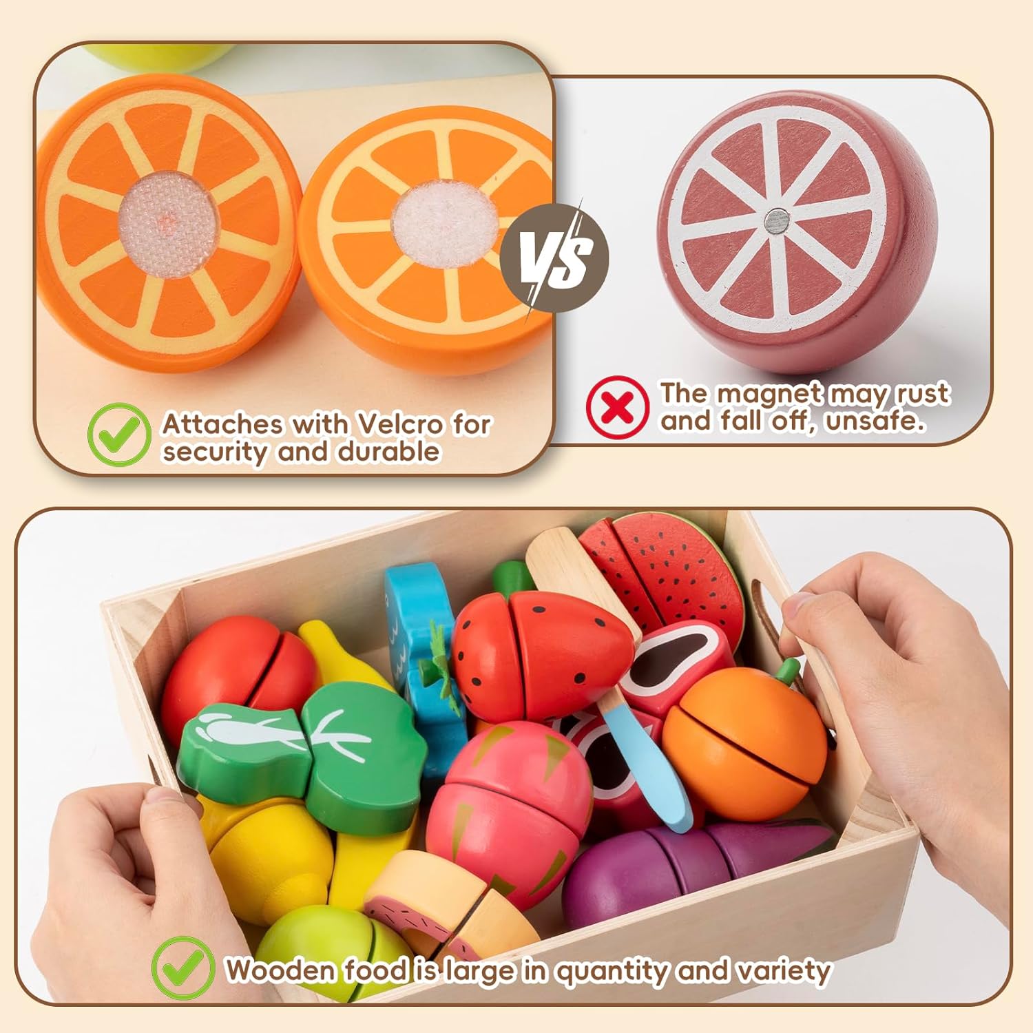 Wooden Play Food for Toddlers - 34Pcs Velcro Fruit and Veggies with Basket & Chopping Board, Play Food Sets for Kids