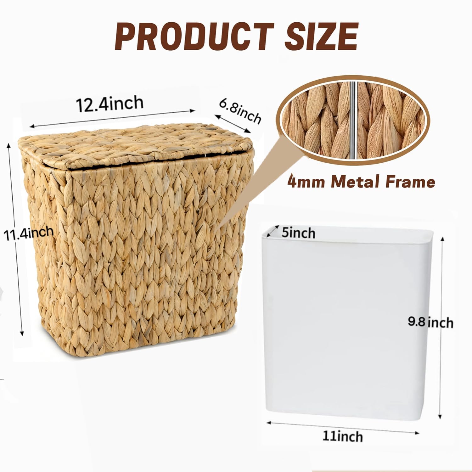 Wicker Trash Can,2.5 Gallon Bathroom Trash Can with Lid,Natural Water Hyacinth Wicker Waste Basket with Removable Liner