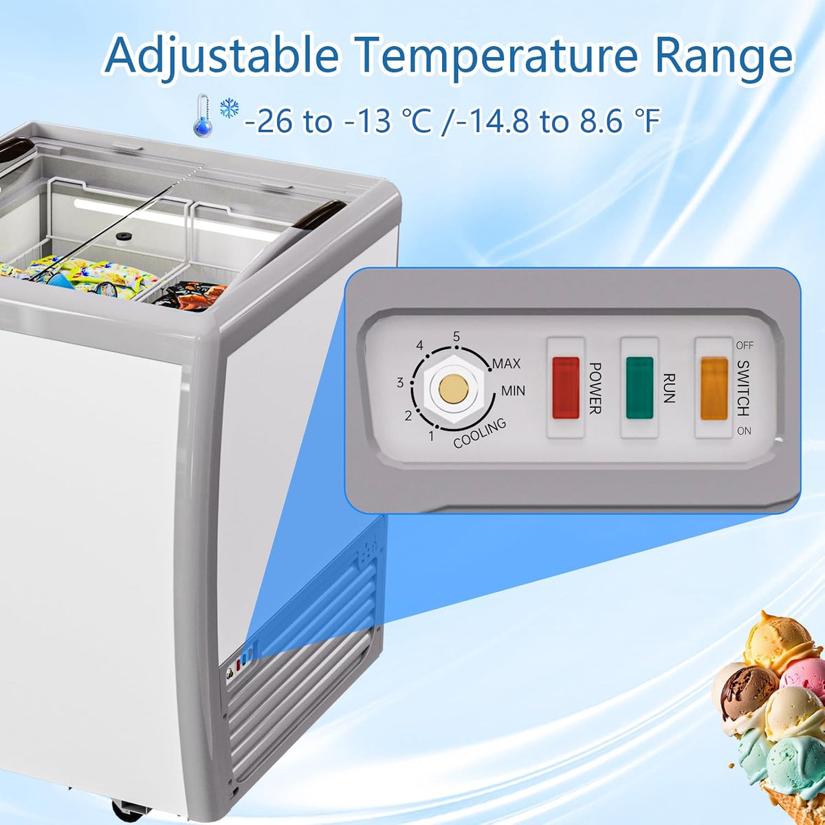 Commercial Ice Cream Freezers with Display Glass Top 5.6 Cu.ft