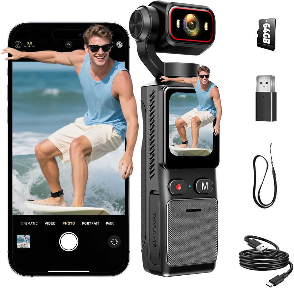 4K Pocket Vlogging Camera Wifi, Portable Handheld POV Cam with64G