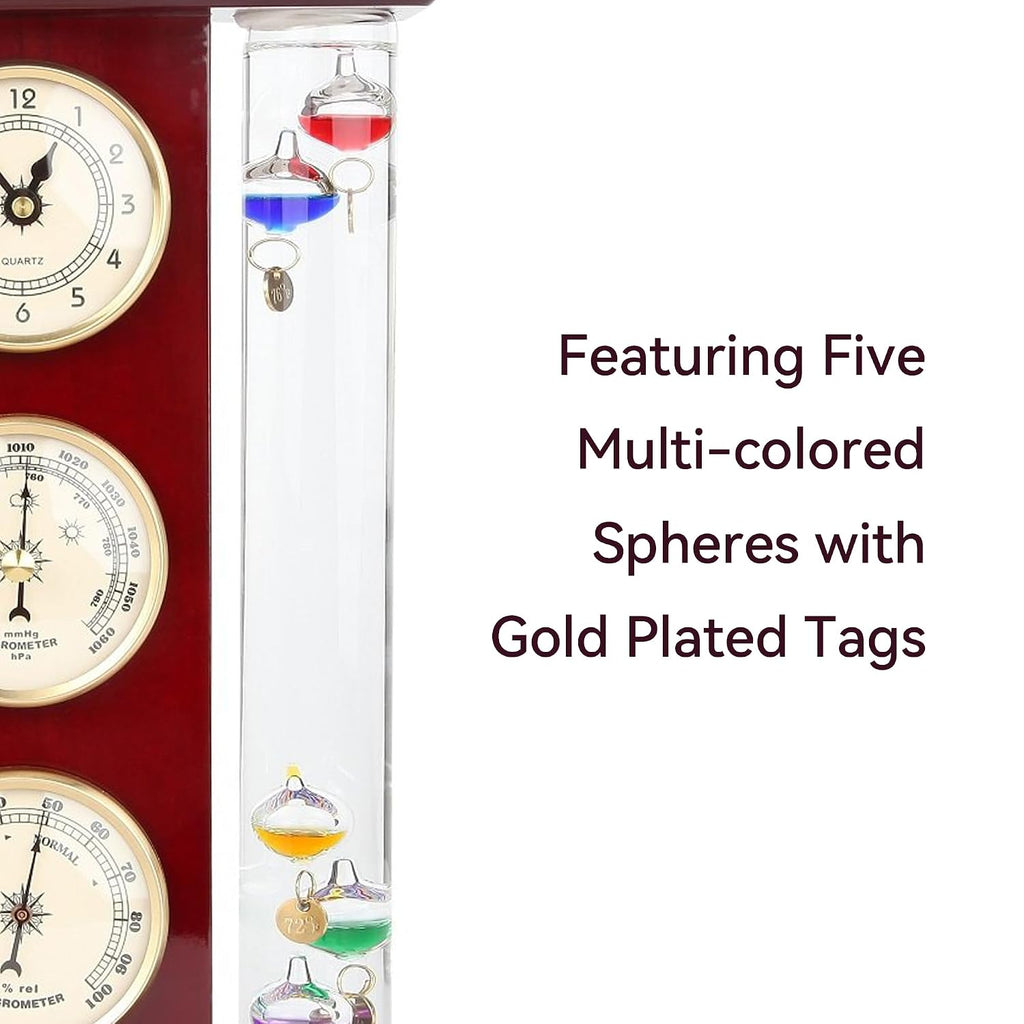 Analog Weather Station with Galileo Thermometer, Precision Quartz Clock (Gold), Barometer & Hygrometer, Gift for
