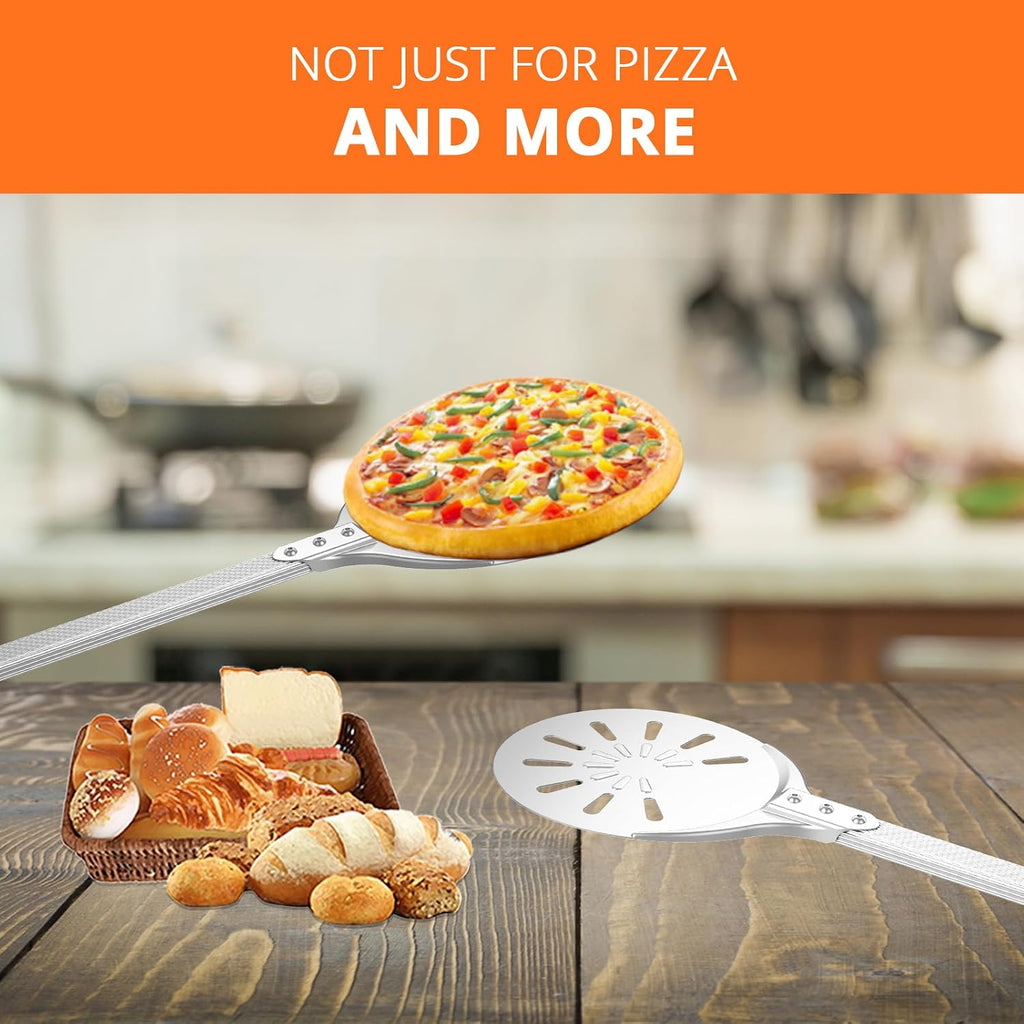 Pizza Turning Peel, 8-inch Pizza Peel Turner Spinner with Non-Slip Long Handle & Silicone Hanging Hook, Essential
