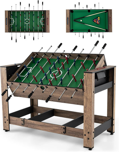 2-in-1 Swivel Multi Game Table, 48” Combo Game Table with Foosball & Pool for Adults, Indoor Outdoor Combination