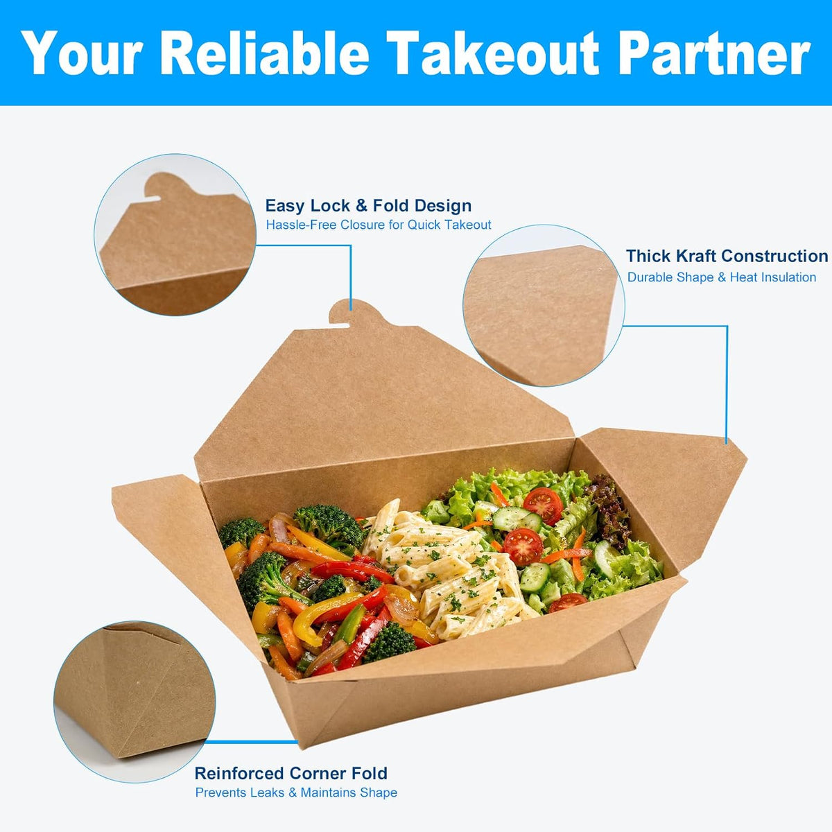 50 Pack 71 oz Kraft Paper Large Takeout Food Containers
