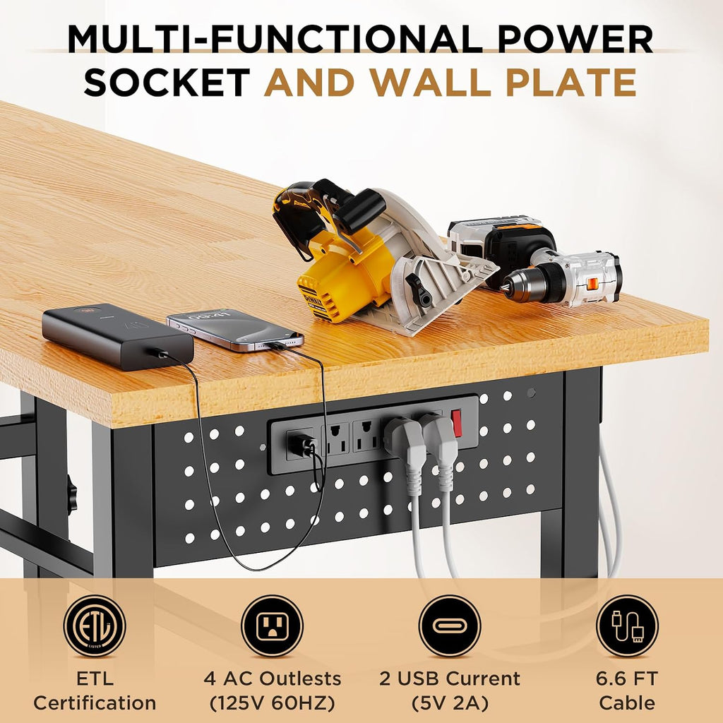 96" Adjustable Workbench with Side Pegboard, 2000lbs Heavy Duty Solid Wood Top Garage Work Table with Power Outlet