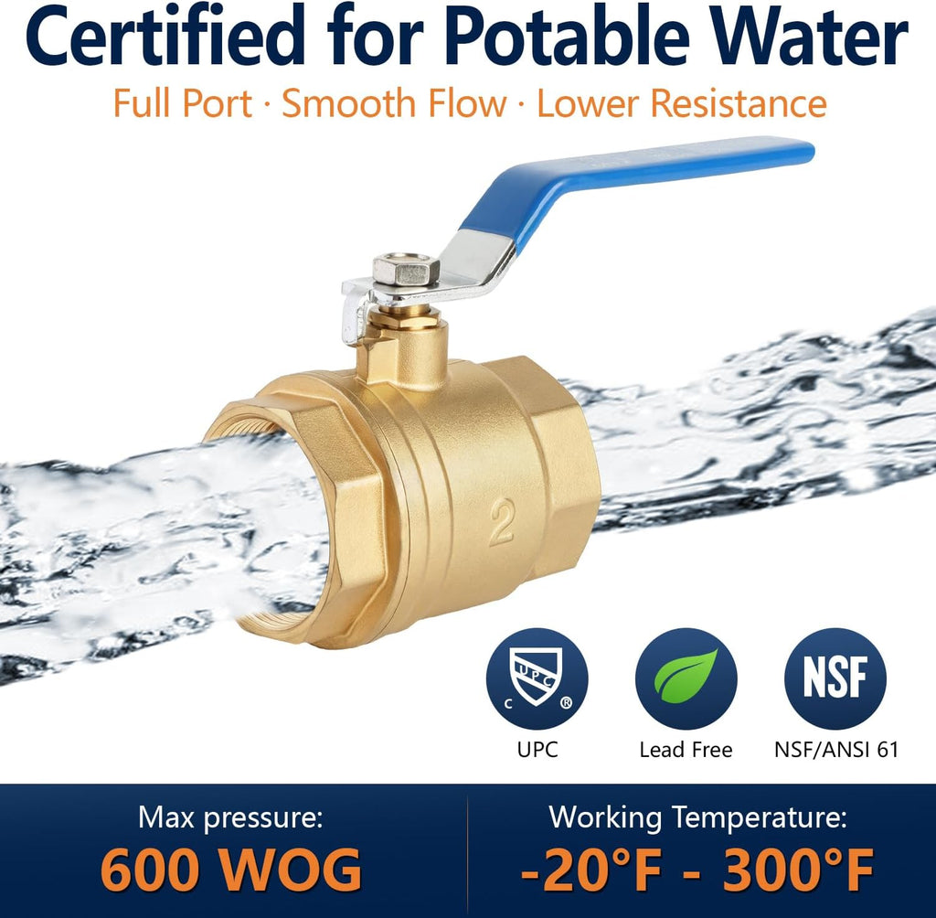 WiseWater 2" NPT Full Port Brass Ball Valve, UPC Certified, 1 Pc