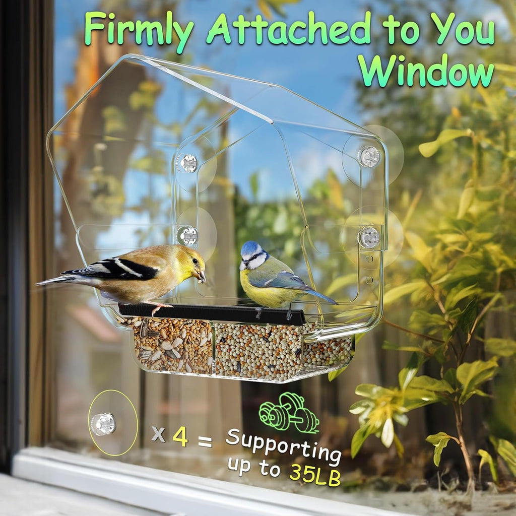 Window Bird Feeder with Strong Suction Cups, Large View Clear Feeder, Seed Tray, 13in x 5.5in x 4.2in for Outside