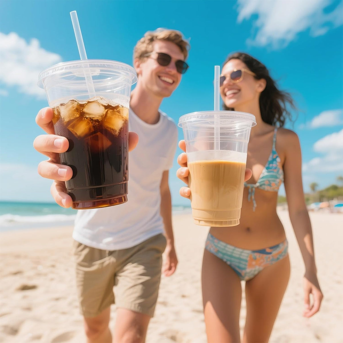 50 Pack 20 oz Plastic Iced Coffee Cups with Lids and Straws