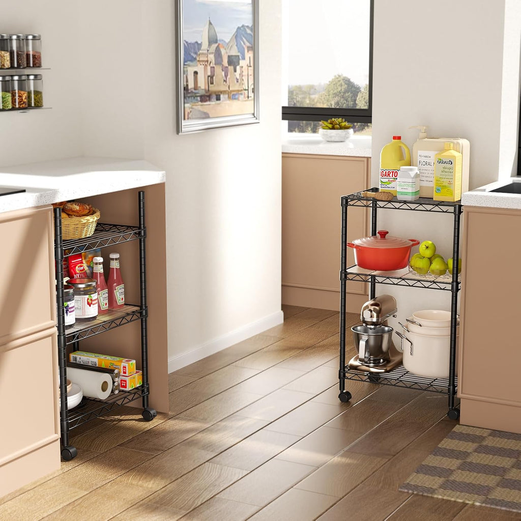 3 Small Shelves Storage Shelf Wire Shelving Unit Metal Shelf Adjustable Organizers Storage Shelving with Wheels for