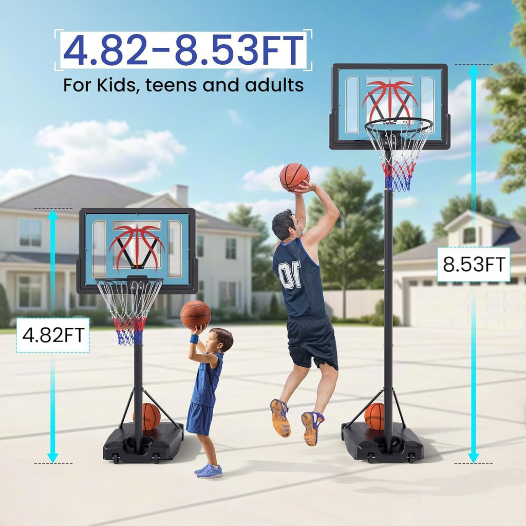 Basketball Hoop Outdoor 4.82-8.53ft Adjustable, Portable Basketball Goals | With 2 Wheels, 32 Inch PC