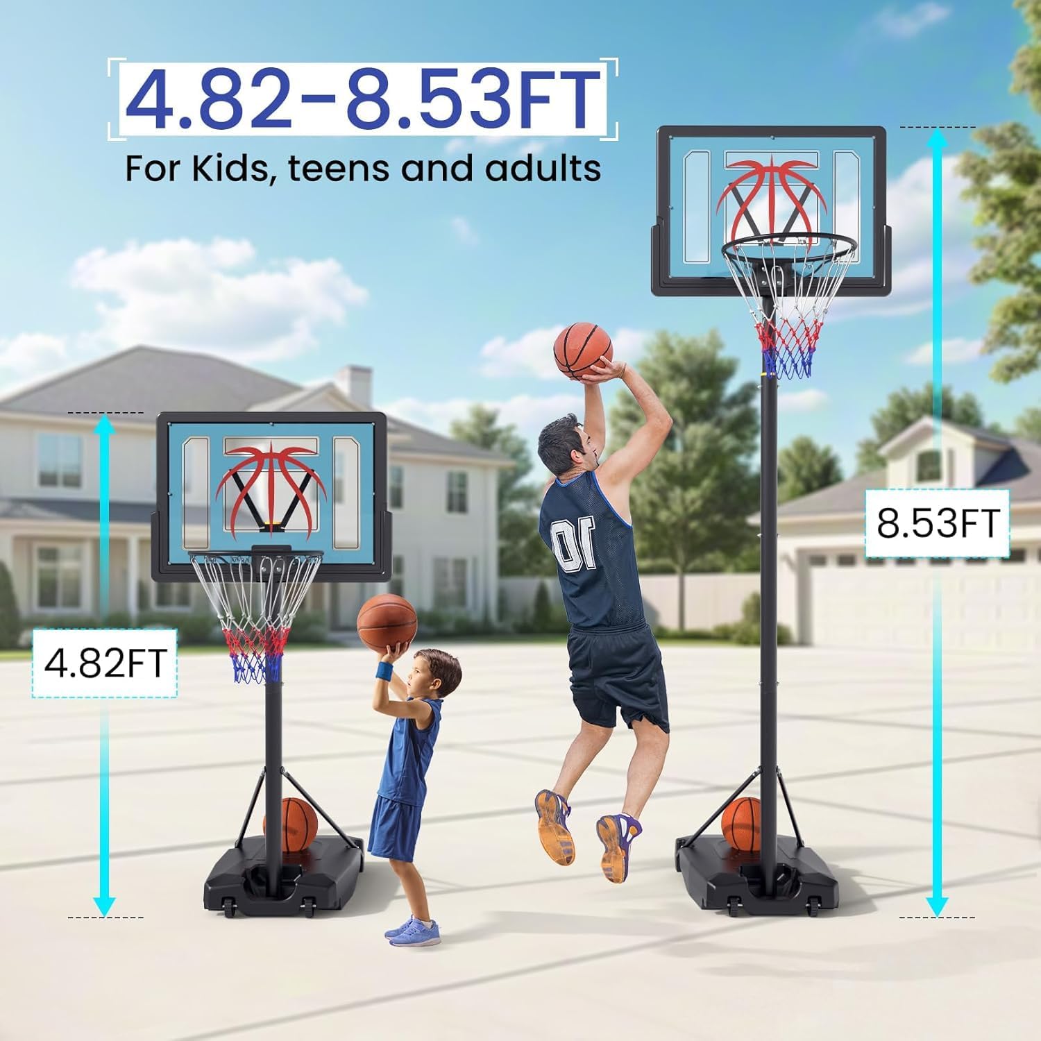 Basketball Hoop Outdoor 4.82-8.53ft Adjustable, Portable Basketball Goals | With 2 Wheels, 32 Inch PC