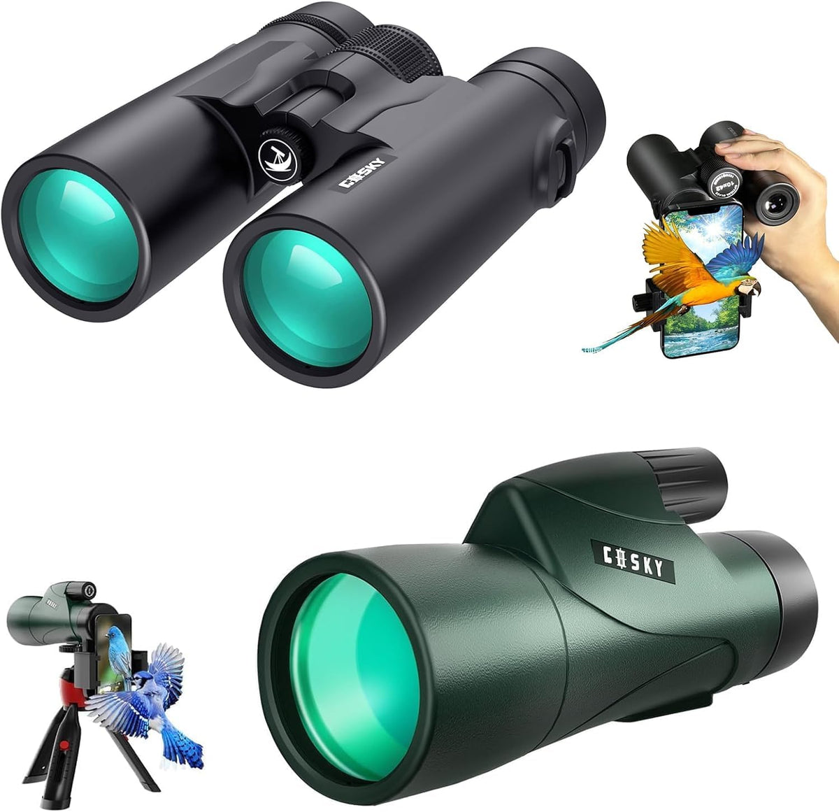 10x42 HD Binoculars for Adults (1 Pack) and Gosky Piper 12x55 Monoculars (1 Pack) with Universal Phone Adapter - High