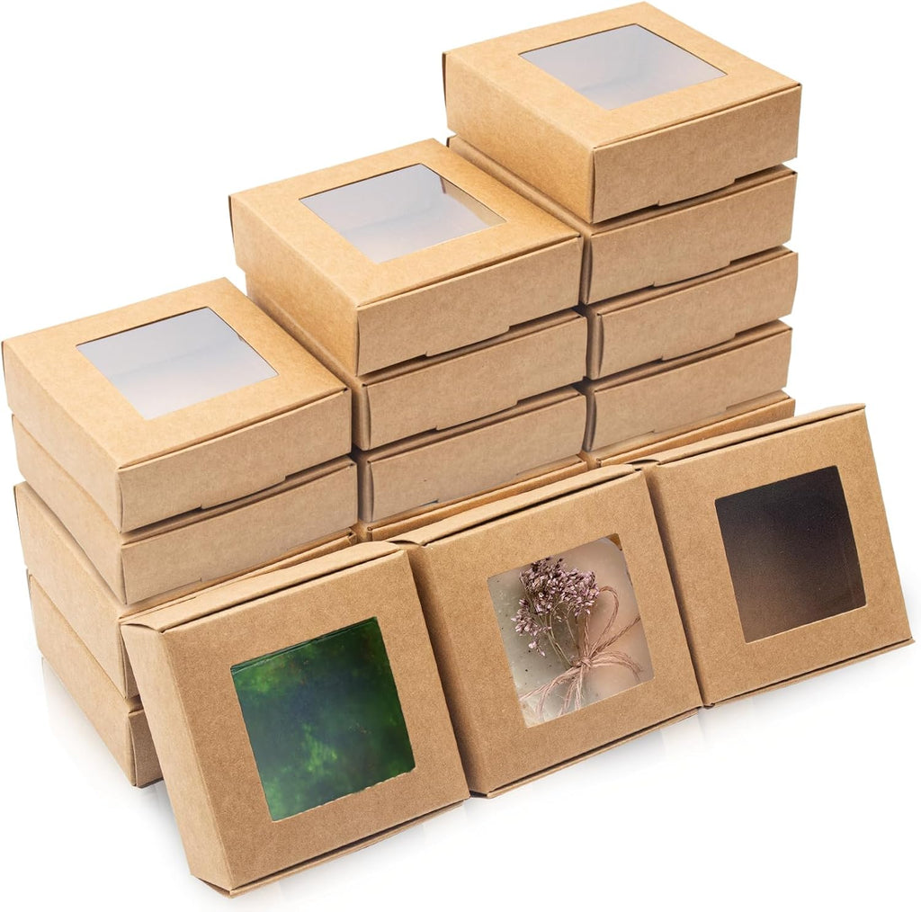 100 Pcs Soap Packaging Boxes with Window Mini Kraft Paper Boxes Bulk Treat Favor Boxes Rectangle Gift Soap Boxes for