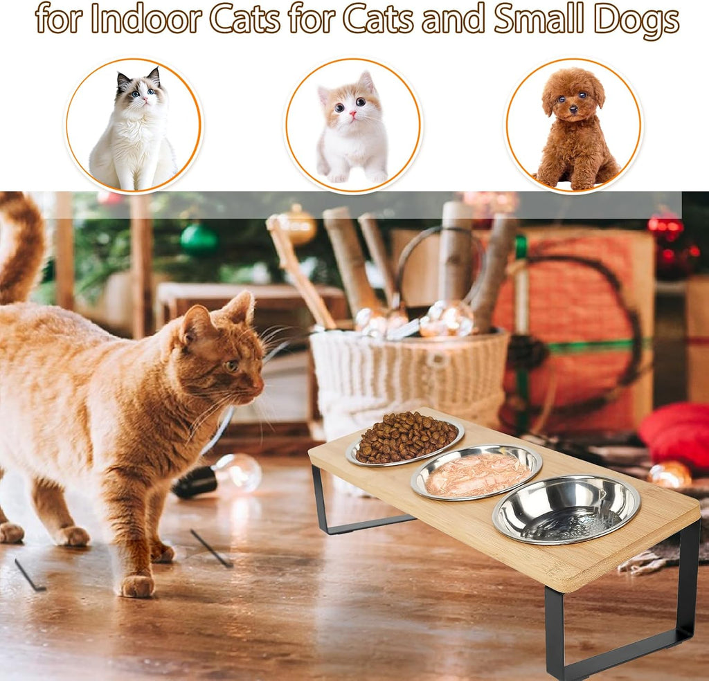 Elevated Cat Bowl, 15° Tilted Cat Bowl Stand with 3 Stainless Steel Bowls for Indoor Cats and Pet, Raised Cats Bowls