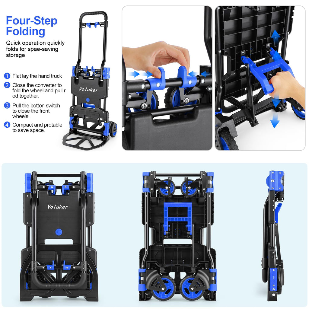 2-in-1 Foldable Hand Truck Dolly, 330lb Cart with Folding Basket, Blue
