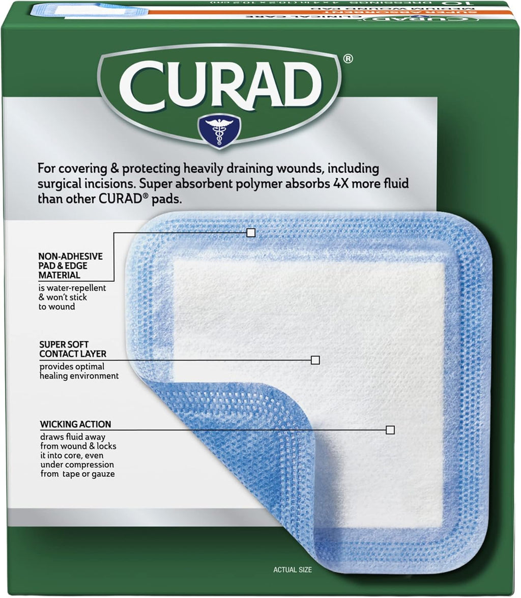Super Absorbent Wound Pad, Medium, 4" x 4", 10 Count
