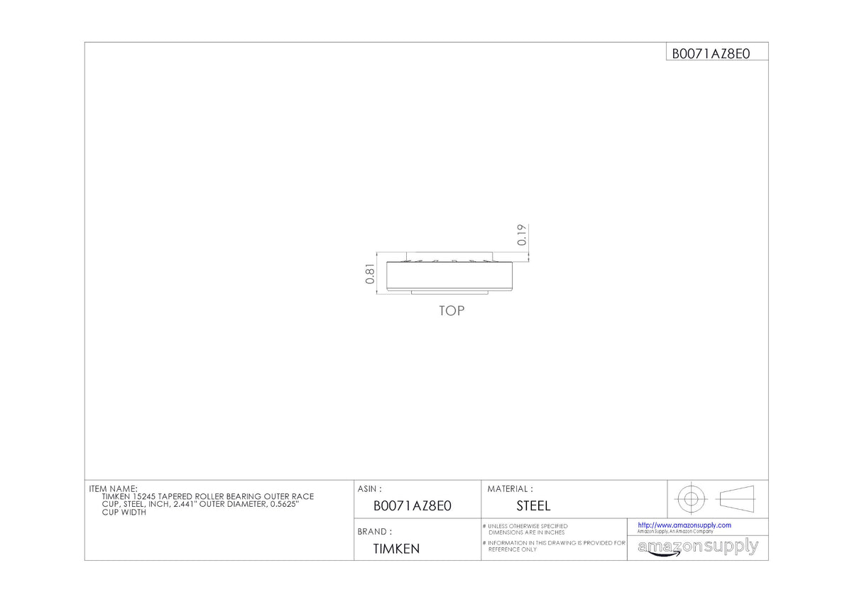 Timken 15245 Tapered Roller Bearing, Single Cup, Standard Tolerance, Straight Outside Diameter, Steel, Inch, 2.441" Outer Diameter, 0.5625" Width