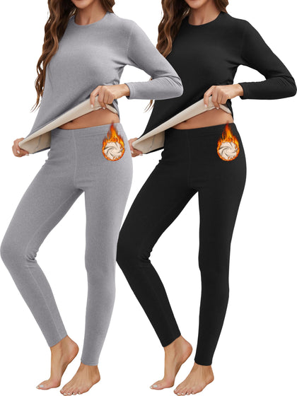 2 Sets Thermal Underwear for Women Long Johns With Double-Sided Fleece Lined Long Sleeve Top & Bottom Base Layer Cold