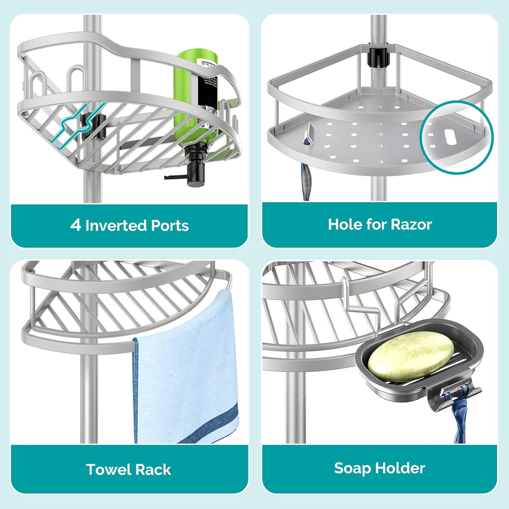 Corner Shower Caddy Tension Pole: Rustproof 4-Tier Bathroom Organizer Shelves for Bathtub Shampoo Storage - 47-121