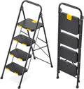 4 Step Ladder, Sturdy Steel Step Stool with Safe-Lock Design, Handrail, Anti-Slip Wide Pedals, Pass 800lbs Load