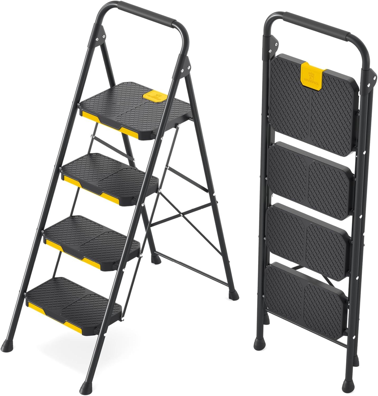 4 Step Ladder, Sturdy Steel Step Stool with Safe-Lock Design, Handrail, Anti-Slip Wide Pedals, Pass 800lbs Load