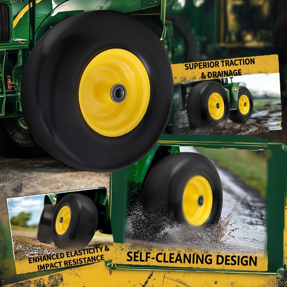 (2 Pack) 13x6.50-6 Flat Free Front Tire and Wheel,13x6.5-6 Lawn Mower Tires, Solid Tractor Turf Tire,5.5"-8" Centered