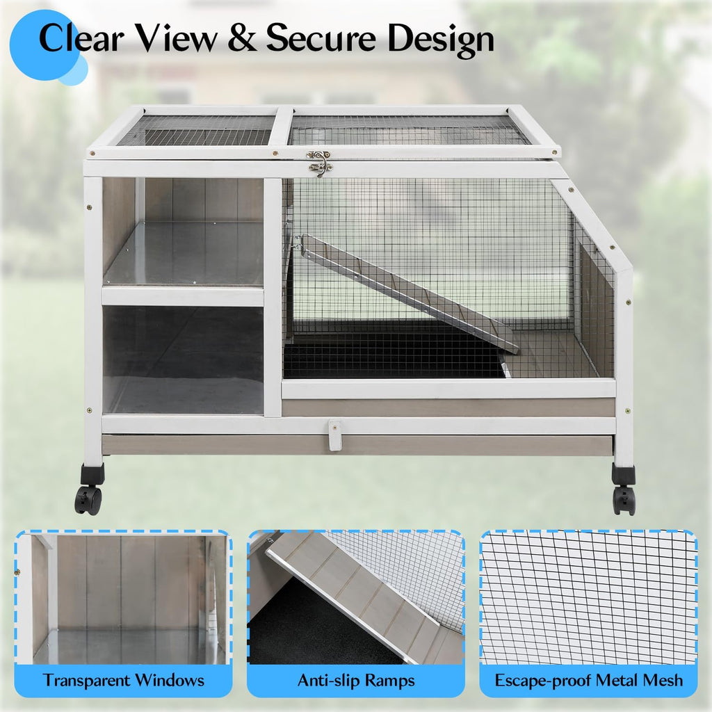 36" L Rabbit Hutch with Run, 2-Story Bunny Cage with Divider Panel | Pull-Out Tray, Wooden Small Animal Habitat with