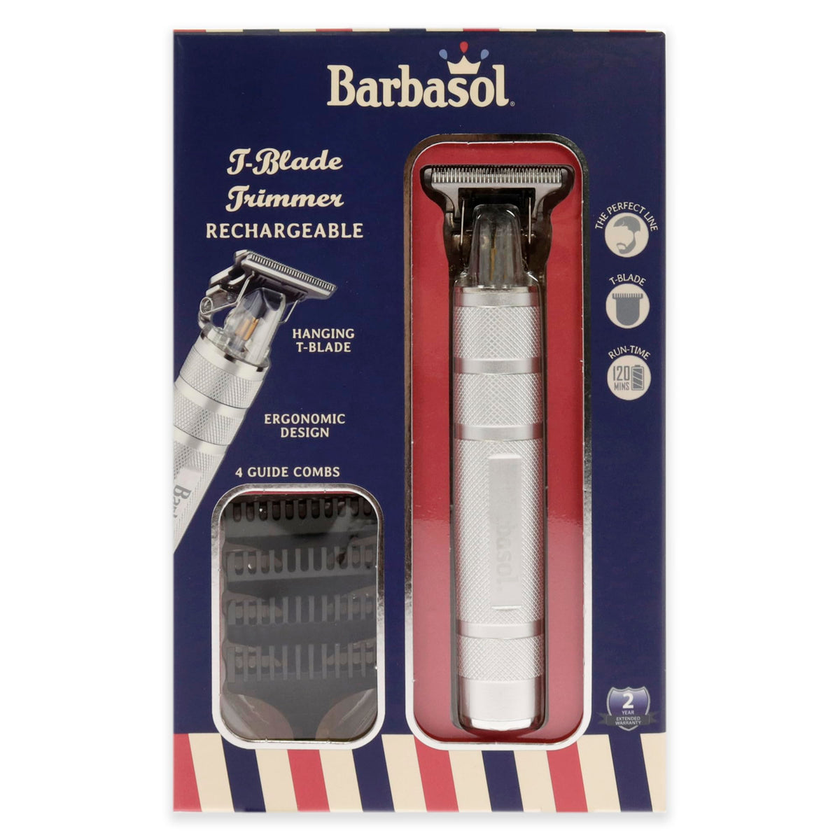 Stainless-Steel Rechargeable Zero-Gapped T-Blade Trimmer, Hanging Blade, 4 Guide Combs
