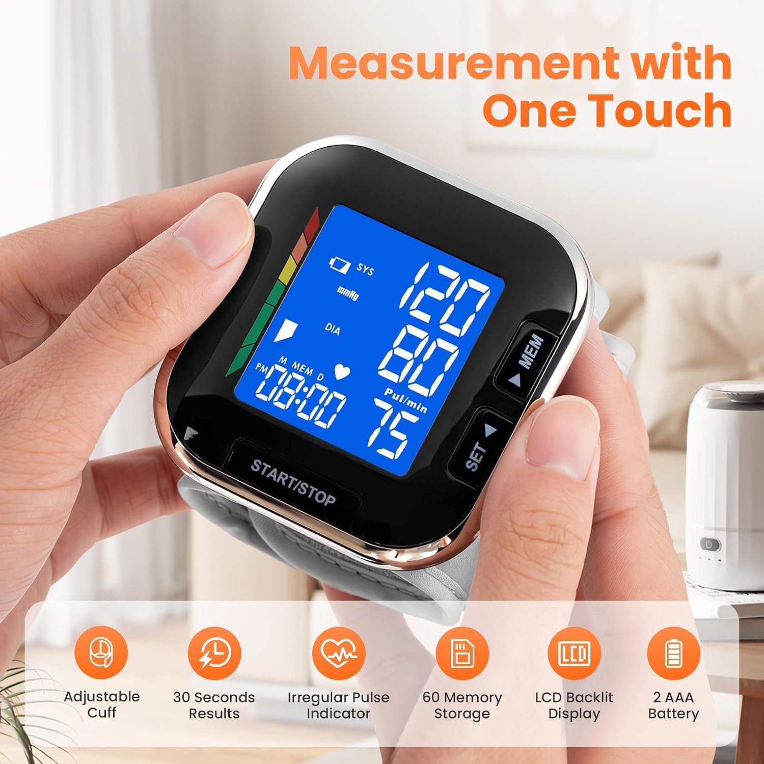 Wrist Blood Pressure Monitor with Backlit LCD & 60 Time-Stamped Memories