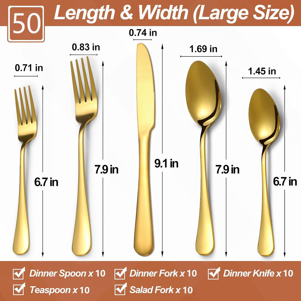 Gold Silverware Set,50-Piece Stainless Steel Flatware Set for 10