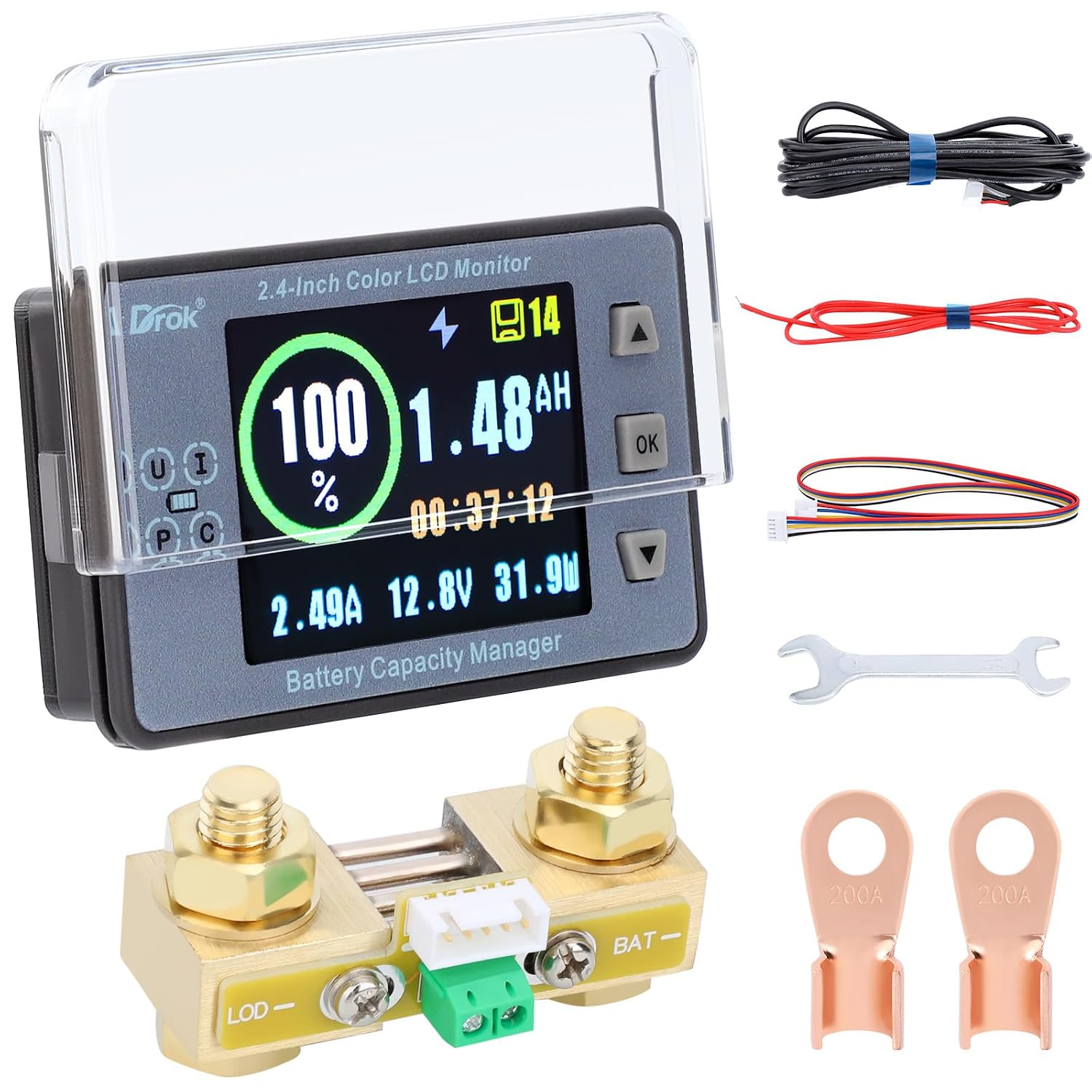 Charge Discharge Monitor, DC 8-100V 200A Battery Monitor 12V 24V 36V 48V 60V Coulometer Watt Meter, 2.4 inch LCD